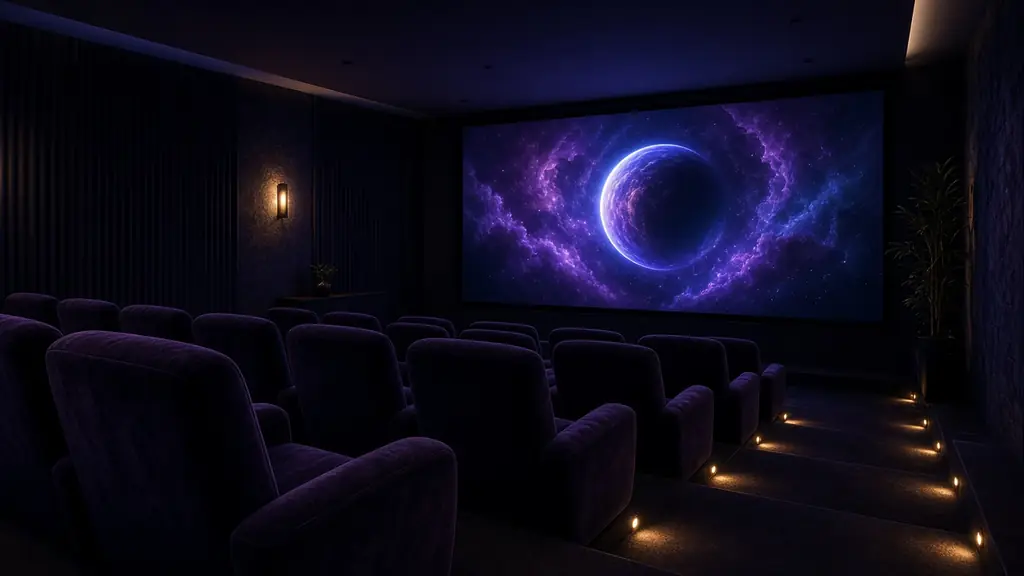 Dark home cinema room with velvet armchairs facing a large screen showing a planet in space
