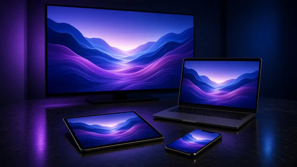 Smart TV, laptop, tablet and smartphone showing the same picture on a dark desk