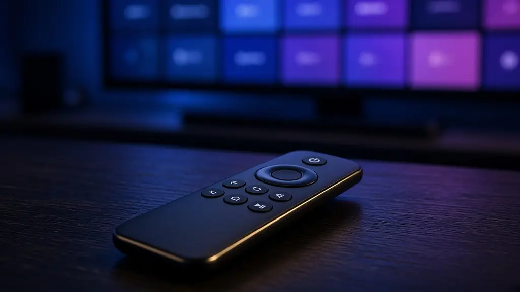 Streaming remote on a coffee table in front of a TV app menu