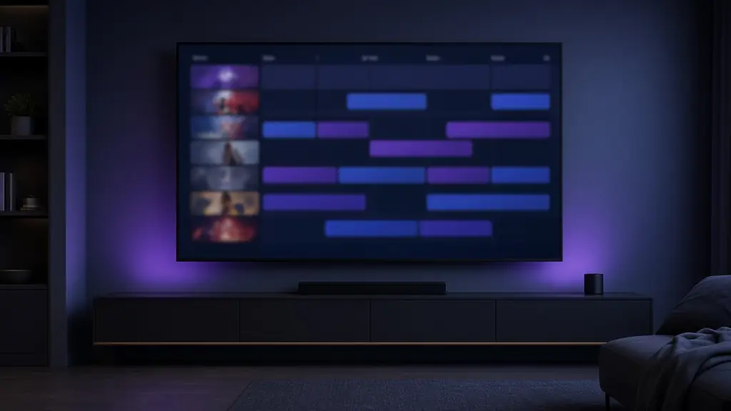 Wall-mounted TV showing a program guide grid in an IPTV app