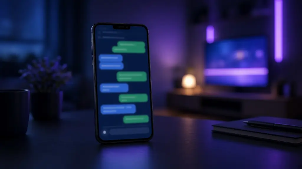 Smartphone on a desk showing a chat conversation with customer support