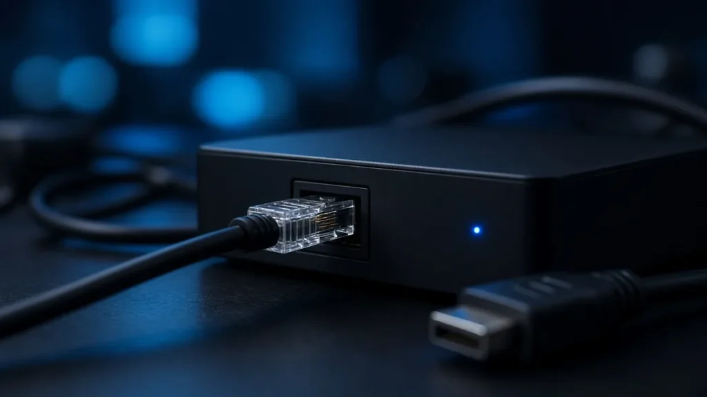 Ethernet cable plugged into a small streaming box with a blue status light