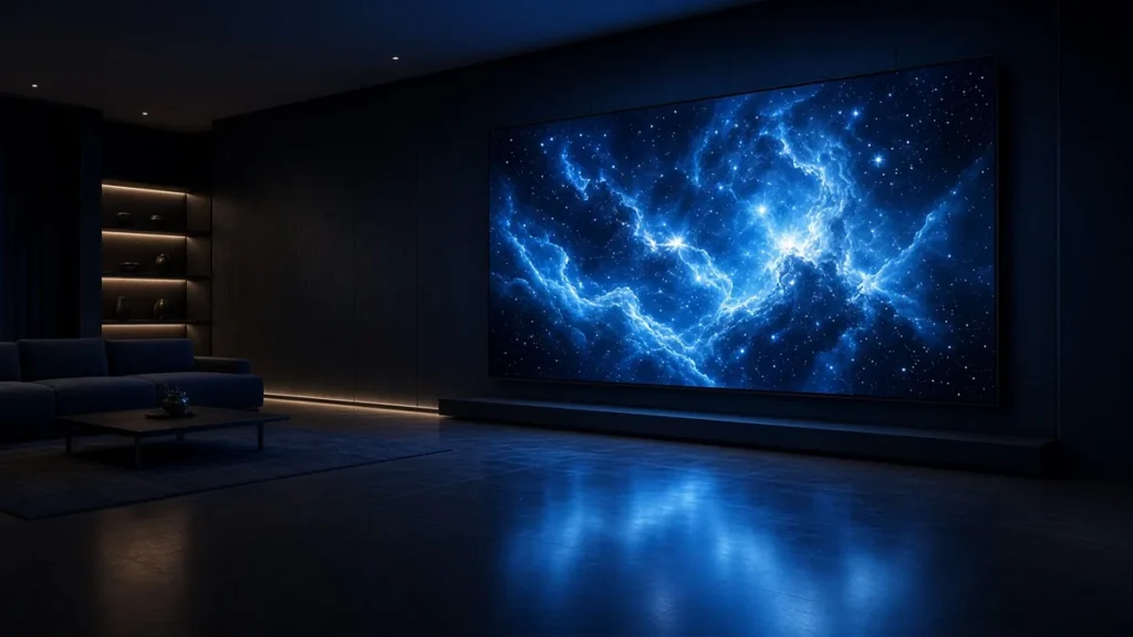 Large wall-mounted TV showing a bright blue nebula in a dark living room