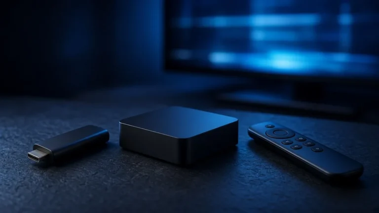 Streaming stick, compact streaming box and remote on a dark table in front of a TV