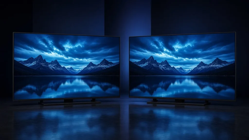 Two large TVs side by side showing the same mountain lake scene in a dark room
