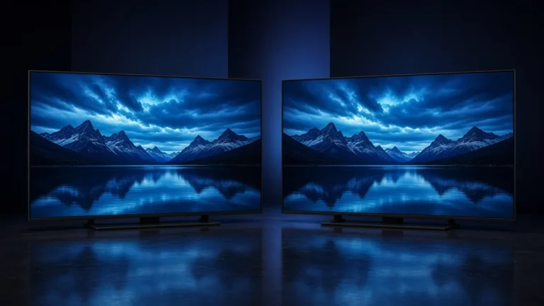 Two large TVs side by side showing the same mountain lake scene in a dark room