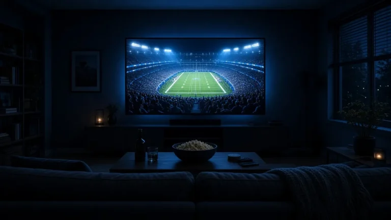 Living room at night with a large TV showing a floodlit football stadium