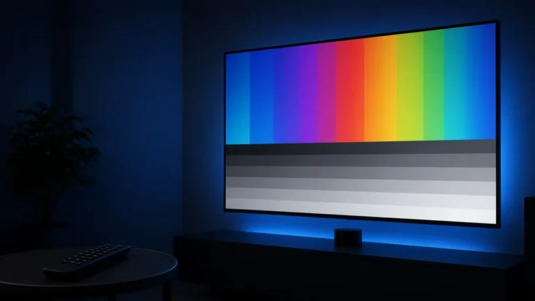 4K TV showing color bars and a grayscale ramp in a dark room