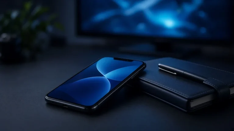 Smartphone and notebook on a dark desk with a TV glowing in the background