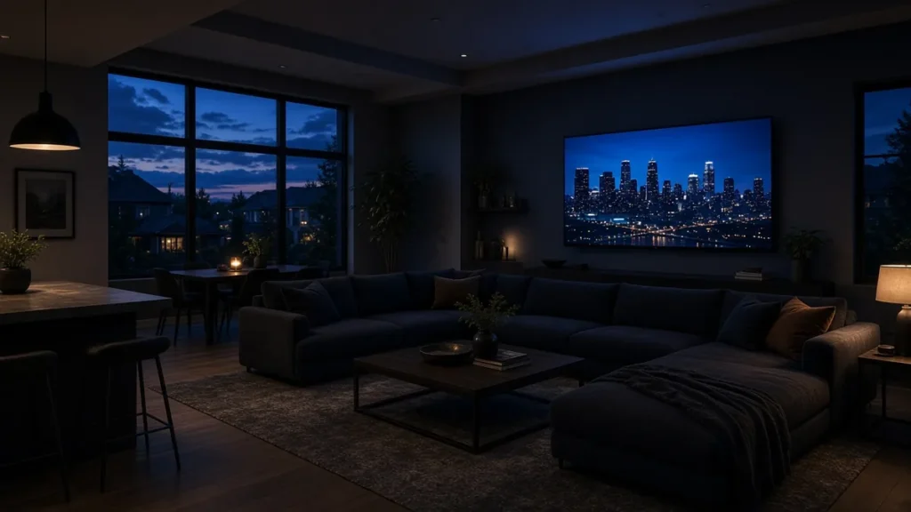 Open-plan living room at dusk with a large TV showing a city skyline