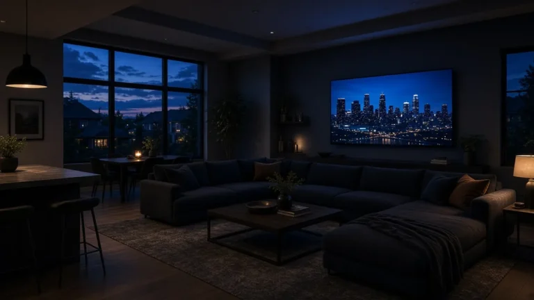 Open-plan living room at dusk with a large TV showing a city skyline