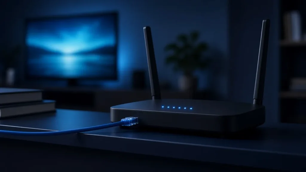 Wi-Fi router with blue status lights and an Ethernet cable, TV glowing behind it