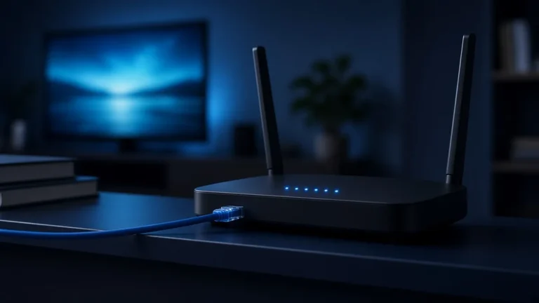 Wi-Fi router with blue status lights and an Ethernet cable, TV glowing behind it